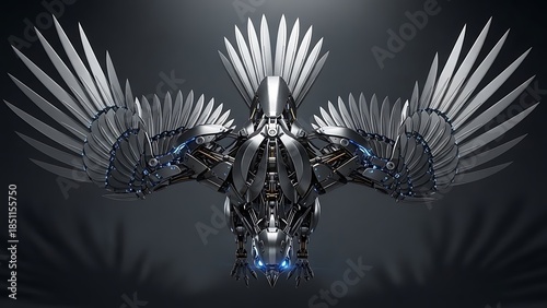 Mechanical Avian Guardian with Spread Wings

