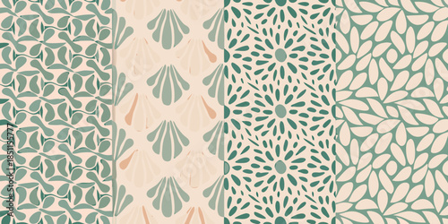 Abstract botanical patterns in muted green and beige tones seamless design