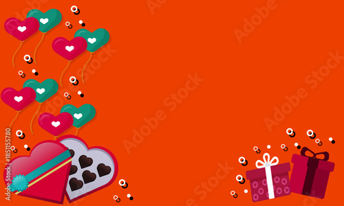 Cheerful orange backdrop showcasing a charming collection of symbolic hearts, tempting chocolates, and surprise gifts, embodying festive romantic celebration