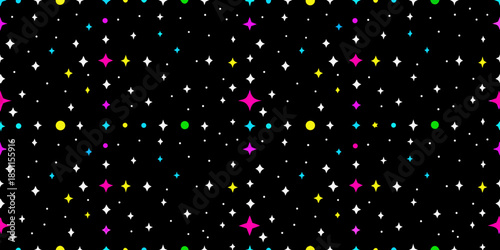 Colorful sparkling stars scattered across a dark black background pattern