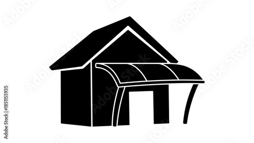Black and white vector illustration of a small house with an awning over the entrance, depicting a simple home or shop icon.