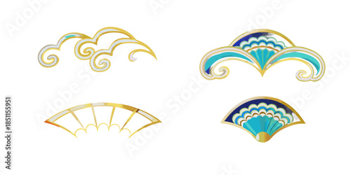 Elegant golden and blue ornamental designs featuring swirling and fan shapes