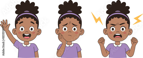 Cartoon child emotions, happy smiling face, sad worried expression, angry frustrated mood, emotional learning, kids illustration, psychology education, feelings, character design