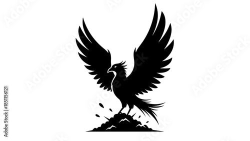Black silhouette of a mythical phoenix bird rising from ashes, symbolizing rebirth and renewal.