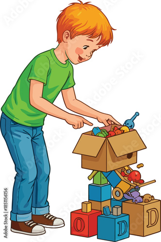 Cartoon child with toy box, alphabet blocks illustration, childhood learning, playtime fun, early education, imagination, development, colorful activity, art