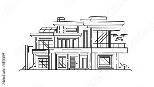 Modern smart house with solar panels and a drone, illustrating contemporary architectural design and technological integration.