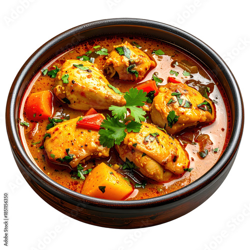 Colombian sudado de pollo a comforting chicken stew with potatoes and vegetables served in a bowl and isolated on a white background
