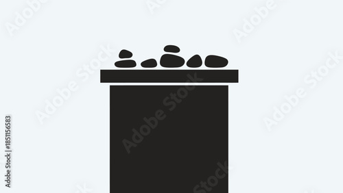 Minimalist black and white illustration of a sauna heater with stones, creating a serene and clean design.