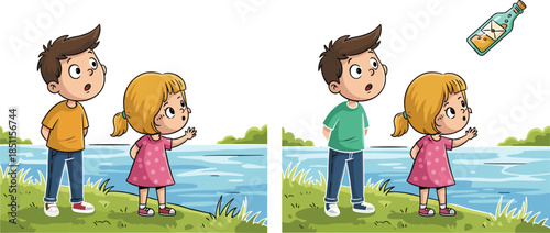 Cartoon children discovering message in bottle, boy and girl by river, mystery adventure, childhood curiosity, outdoor exploration, kids story illustration
