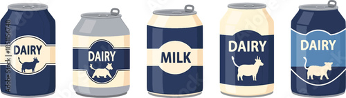 Dairy Product Milk Can and Beverage Tin Packaging Set with Cow Silhouette for Farm Fresh Grocery Retail and Organic Nutrition Branding Design