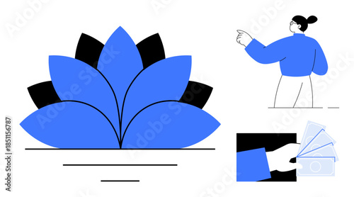 Wellness, meditation, financial transactions, communication, zen symbols, and minimalism. A lotus, a pointing individual and a hand with money. Wellness and financial transactions concepts