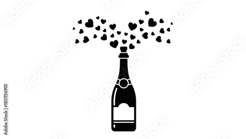 Champagne bottle with heart-shaped bubbles, symbolizing love and celebration, isolated on white background.