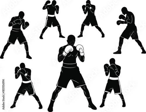 Dynamic boxing fighter silhouette collection displaying multiple stances, defensive positions, striking movements, and athletic poses for professional sports vector illustration,