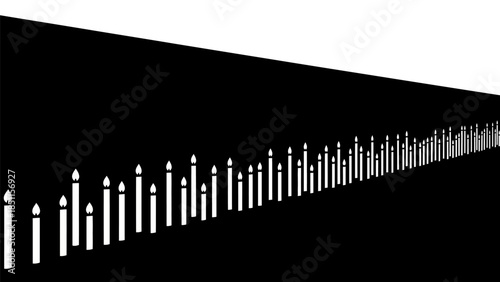 Abstract illustration of many white candles in a long line against a black background, creating a sense of depth and perspective.