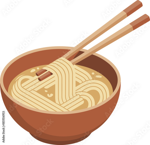 Isometric Noodle or Ramen Soup Bowl with Chopsticks Vector Illustration
