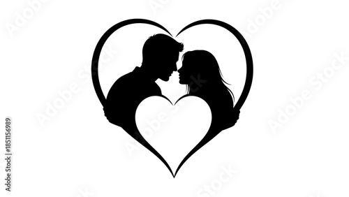 Silhouette of a loving couple in a heart shape, symbolizing romance and affection.