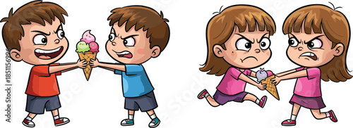 Cartoon children fighting over ice cream, boys and girls conflict, childhood emotions, sharing lesson, competition, playful argument, character illustration, art