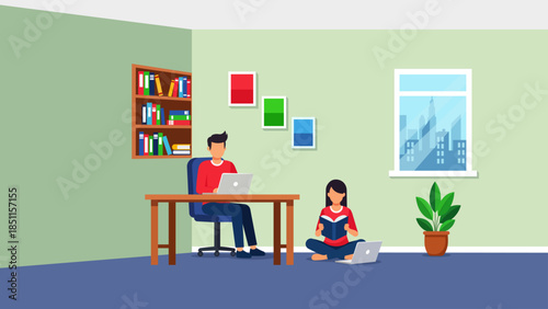 Couple working from home in a cozy apartment, man at desk with laptop, woman reading on floor with book and computer, flat illustration