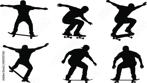Dynamic skateboarder silhouette collection showcasing energetic trick movements and urban street style, ideal for modern vector illustration projects, extreme sports artwork, and creative design