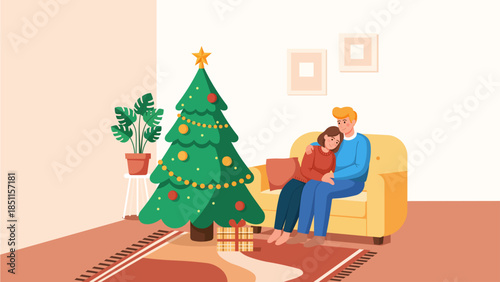 Young couple cuddling on a couch in a living room with a Christmas tree and festive decorations, warm and loving holiday moment