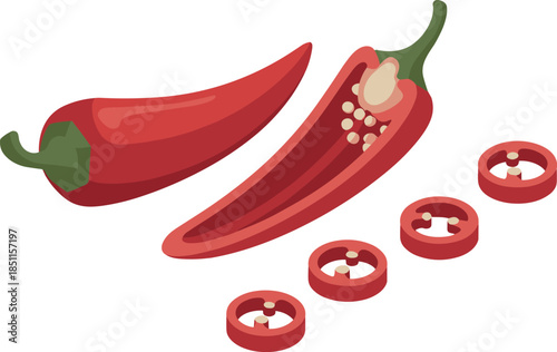 Isometric Red Chili Pepper Whole, Half, and Slices with Seeds Vector Illustration