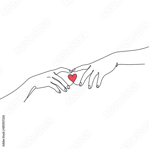Minimalist Line Art of Two Hands Holding with Heart Symbol Representing Love, Connection, and Unity
