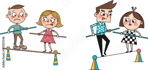 Cartoon characters balancing, teamwork on tightrope, worried couple illustration, cooperation concept, relationship balance, 