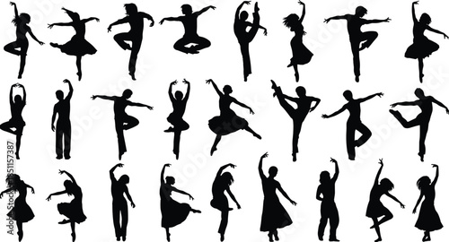Elegant dancer silhouette collection showcasing diverse ballet and contemporary dance poses, expressive movement, graceful choreography, artistic vector illustration for creative design projects, 