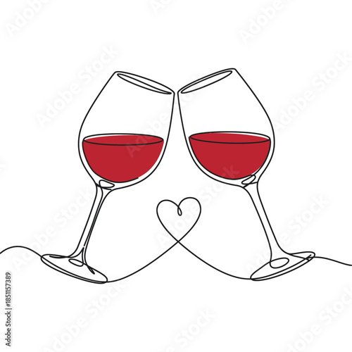 Minimalist Line Art of Two Wine Glasses Clinking with Heart-Shaped Stems, Symbolizing Love and Celebration