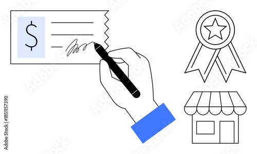 Financial transactions, small business management, certifications, contracts, payment processing, customer trust. A hand signing a check next to a badge and a storefront. Financial transactions