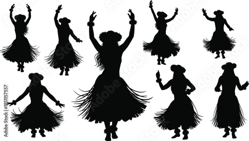 Hawaiian Hula Dancers silhouettes in various graceful poses, beautiful women dancing with traditional flower leis and grass skirts, vector illustration content.