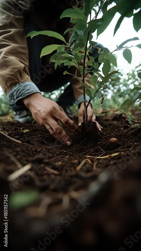 Person Planting Young Tree in Soil Closeup in Natural Garden Setting