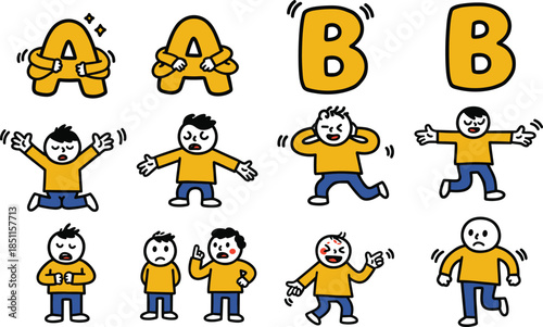 Cartoon emotion reaction icons, expressive character gestures, sadness anger joy poses, behavior illustration set, cad drawing flat vector illustration