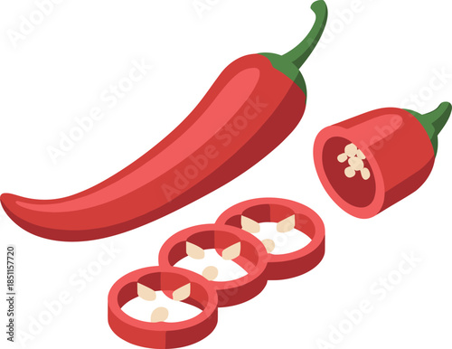 Isometric Red Chili Pepper with Slices and Seeds Vector Illustration