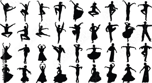 Large diverse dancer silhouette collection featuring expressive movement, dynamic jumps, elegant poses, and flowing costumes, ideal for cultural dance vector illustration, 