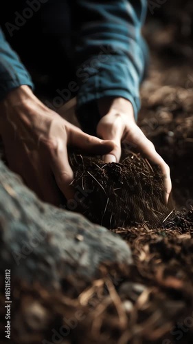 Hands Planting Soil in Dark Forest Environment Closeup
