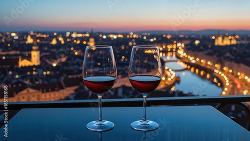 Two-glass wine still-life photograph in warm sunset colors representing romantic evening leisure [with copy space]