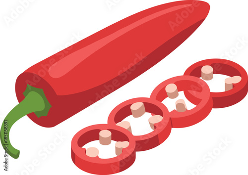 Isometric Whole Red Chili Pepper and Slices with Seeds Vector Illustration