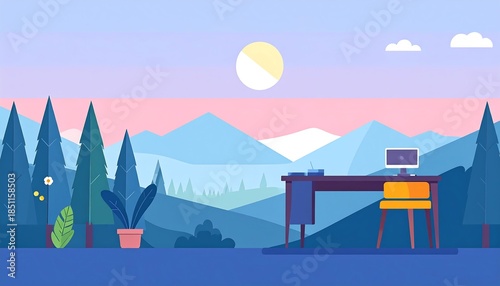 Cartoon workspace in nature. Mountains, trees, sun, desk, chair, monitor, and potted plant in pastel tones