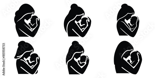 mother and baby love embrace vector art icon set. Black color  and white background