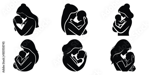 mother and baby loving hug vector art icon set. Black color  and white background