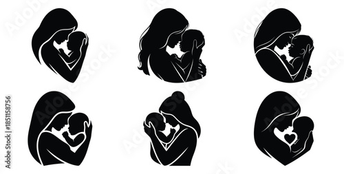 mother and baby loving moment vector art icon set. Black color  and white background