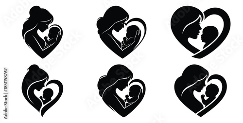 mother and baby outline heart vector art icon set. Black color  and white background