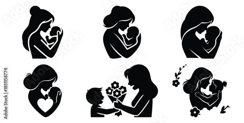 mother and baby pure love vector art icon set. Black color  and white background