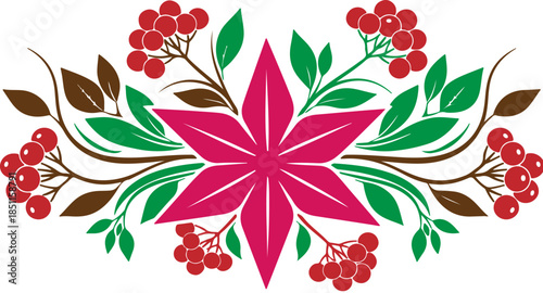Traditional vibrant floral embroidery motif with red berries and green leaves on black background