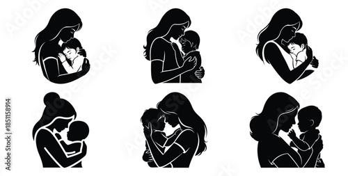 mother and child love pose vector art icon set. Black color  and white background
