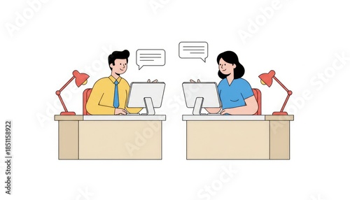 Business Colleagues Discussing Work at Desks in Modern Office
