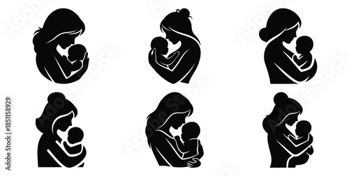 mother and child silhouette emblem vector art icon set. Black color  and white background