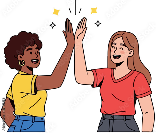 Two happy women celebrating success with a high five gesture against a black background