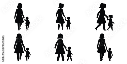 mother and child walking vector art icon set. Black color  and white background